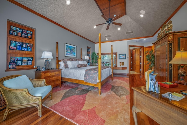 bedroom featuring wooden ceiling, lofted ceiling, ceiling fan, ornamental molding, and wood-type flooring