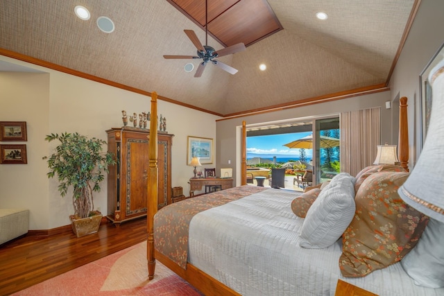 bedroom featuring ceiling fan, dark hardwood / wood-style floors, crown molding, access to outside, and wood ceiling