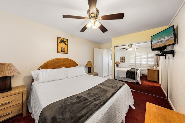 carpeted bedroom with a closet and ceiling fan