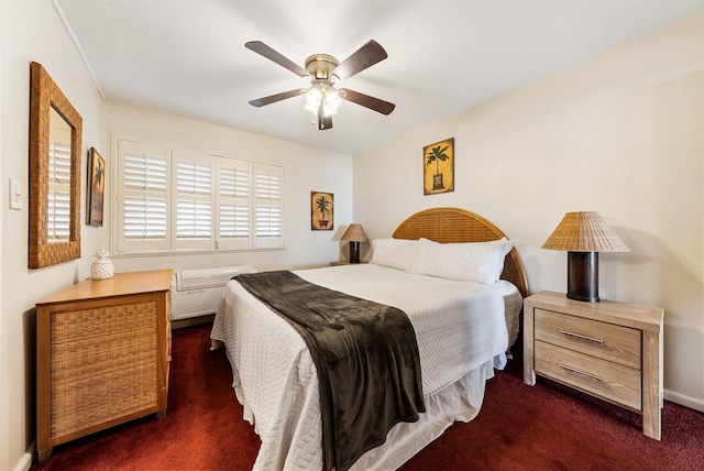 carpeted bedroom with multiple windows and ceiling fan