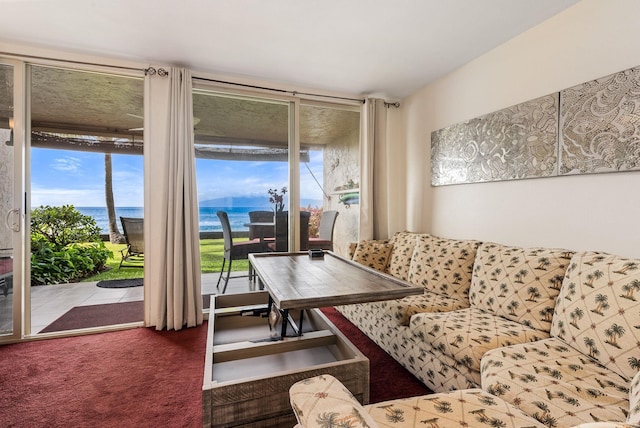 living room featuring carpet floors and a water view