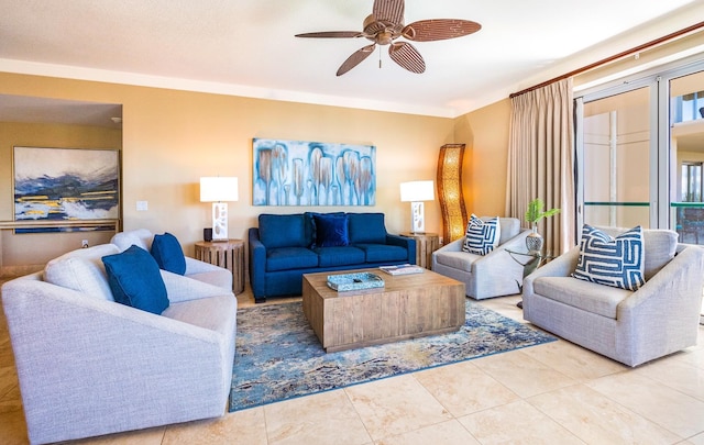 living room featuring ceiling fan and tile patterned floors