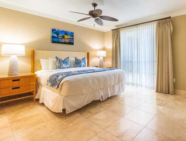 bedroom featuring light tile patterned floors and ceiling fan