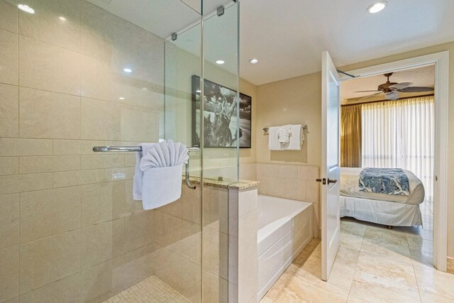 130 Kai Malina Pkwy Unit Sr409, Lahaina, HI 96761 - ensuite bathroom featuring a bath, a shower stall, ceiling fan, recessed lighting, and tile patterned floors