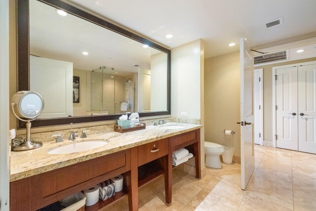 130 Kai Malina Pkwy Unit Sr409, Lahaina, HI 96761 - full bath featuring toilet, double vanity, a shower stall, recessed lighting, and marble finish floors