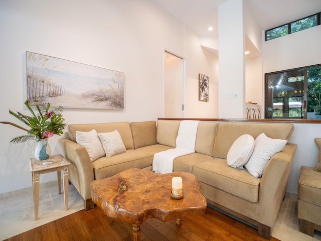 living room featuring a healthy amount of sunlight, a high ceiling, and hardwood / wood-style flooring