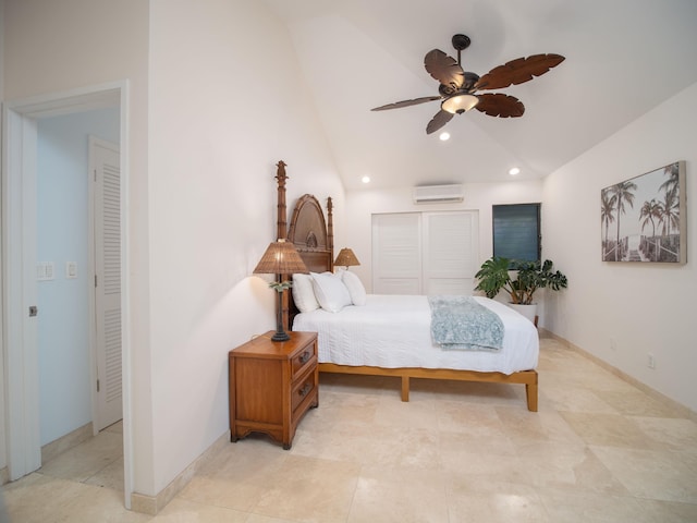 bedroom featuring a closet, vaulted ceiling, ceiling fan, and a wall unit AC