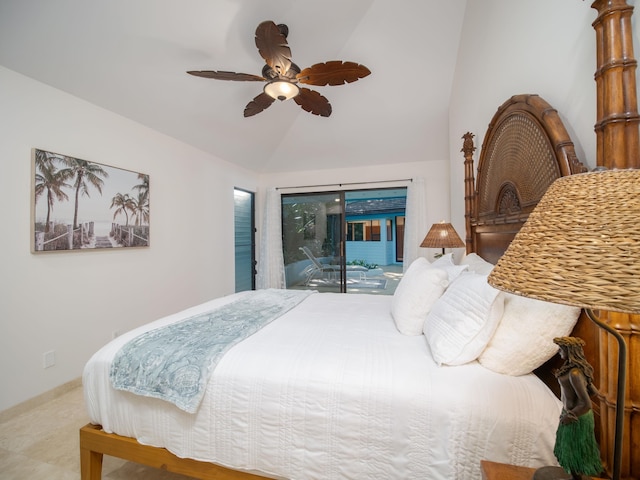 bedroom featuring ceiling fan, access to outside, and vaulted ceiling