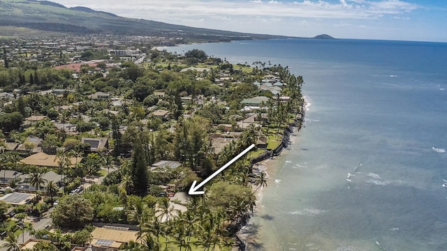 drone / aerial view with a water and mountain view