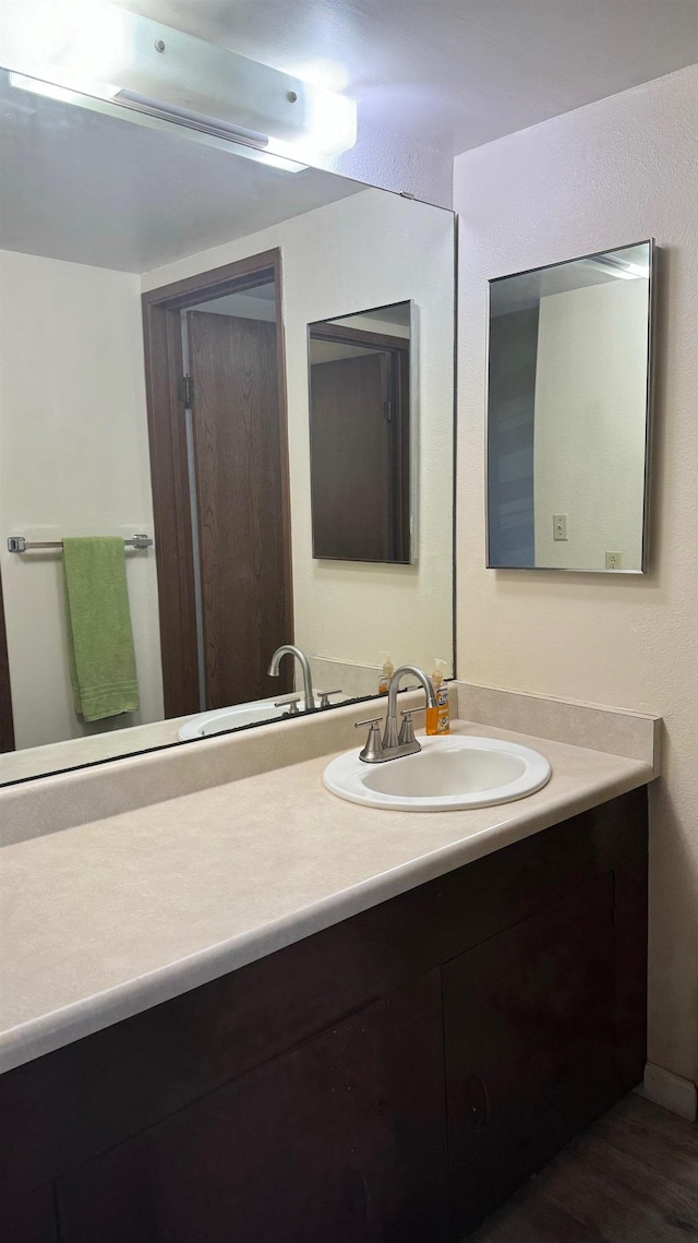 bathroom with vanity and hardwood / wood-style floors