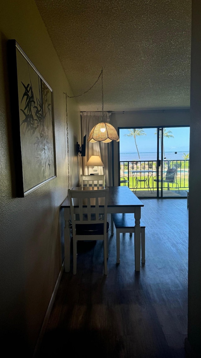 dining space featuring hardwood / wood-style floors and a textured ceiling