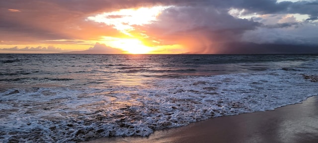 view of water feature with a beach view