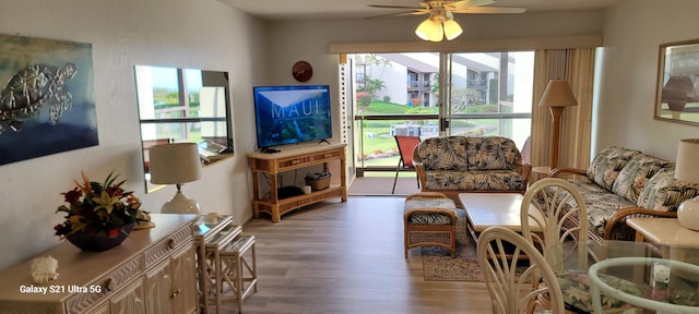 living room with hardwood / wood-style floors and ceiling fan