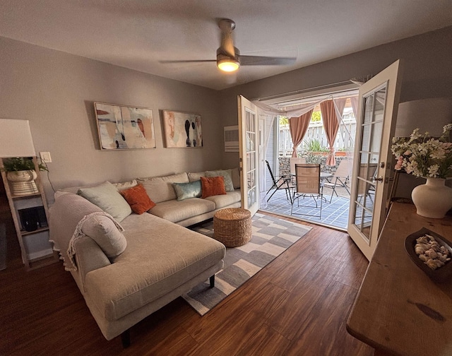 living room featuring ceiling fan, wood finished floors, and french doors