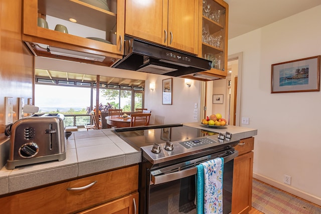 1195 Omaopio Rd Unit A, Kula, HI 96790 - kitchen with stainless steel range with electric stovetop, under cabinet range hood, brown cabinets, and glass insert cabinets