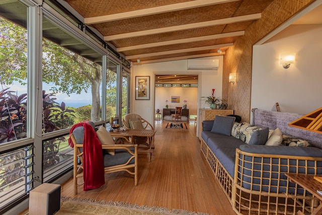 1195 Omaopio Rd Unit A, Kula, HI 96790 - sunroom with hardwood / wood-style flooring, an AC wall unit, outdoor lounge area, and vaulted ceiling