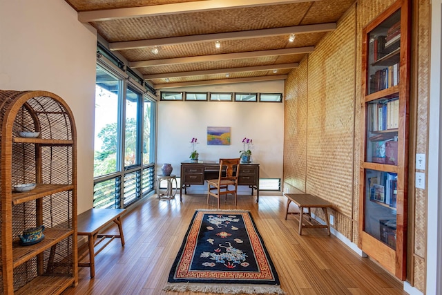 1195 Omaopio Rd Unit A, Kula, HI 96790 - home office featuring beam ceiling, wood finished floors, and brick wall