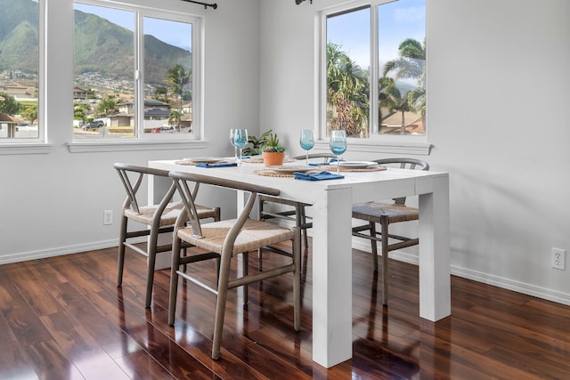 dining space featuring a mountain view and dark hardwood / wood-style flooring