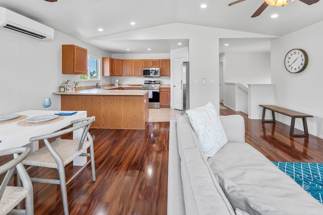 living room featuring ceiling fan, lofted ceiling, a wall mounted air conditioner, and dark hardwood / wood-style flooring