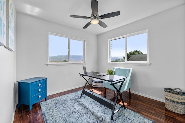 home office featuring ceiling fan, a wealth of natural light, and dark hardwood / wood-style flooring