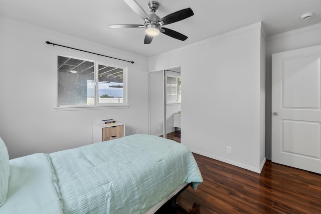 bedroom featuring ornamental molding, dark hardwood / wood-style floors, a closet, and ceiling fan