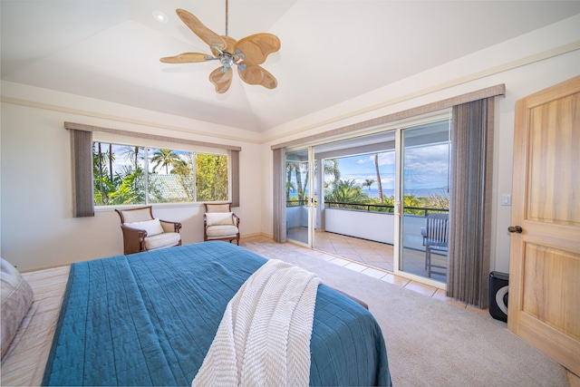 bedroom featuring light tile flooring, ceiling fan, access to outside, and lofted ceiling