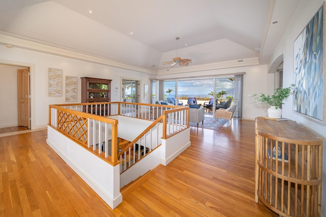 corridor with lofted ceiling, light hardwood / wood-style flooring, and a raised ceiling