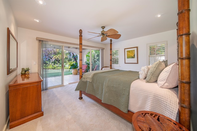 bedroom with ceiling fan, access to exterior, and light colored carpet