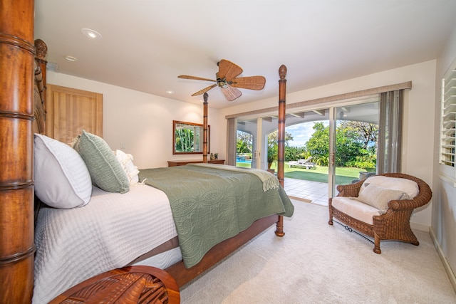 carpeted bedroom with ceiling fan and access to outside