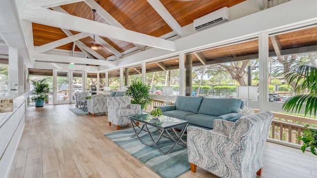 sunroom / solarium featuring vaulted ceiling with beams, french doors, an AC wall unit, and wooden ceiling