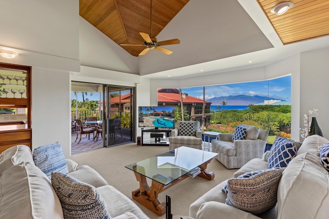 living room featuring high vaulted ceiling, carpet, and wooden ceiling