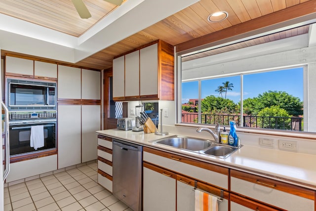 kitchen featuring sink, dishwasher, double oven, wooden ceiling, and white cabinets