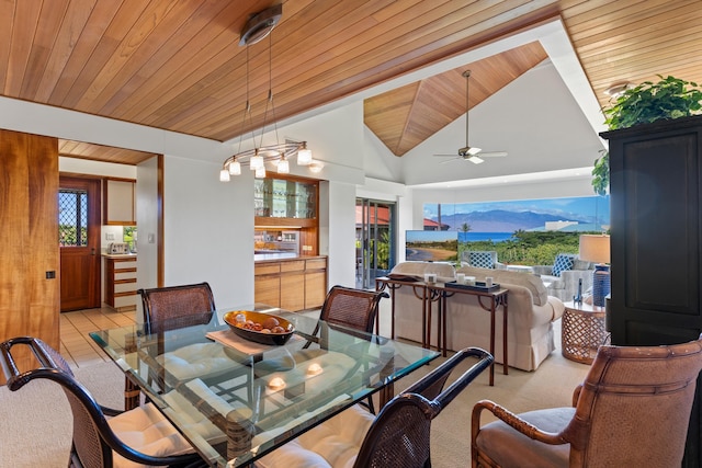 dining room featuring light tile patterned flooring, ceiling fan, high vaulted ceiling, and wooden ceiling