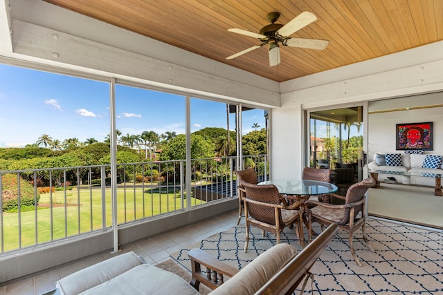 sunroom / solarium featuring wood ceiling and ceiling fan