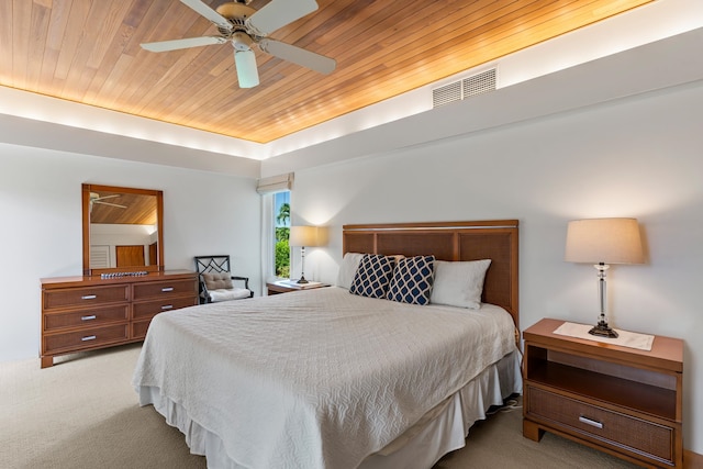 bedroom with light carpet, wooden ceiling, and ceiling fan