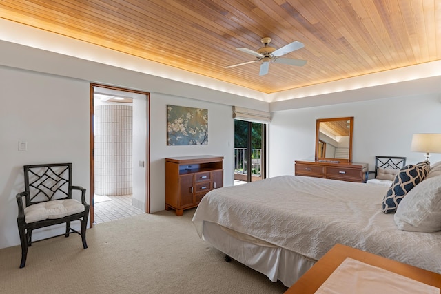 carpeted bedroom featuring access to outside, wood ceiling, and ceiling fan