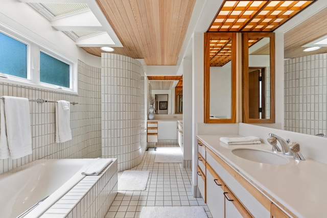 4000 Wailea Alanui Dr Unit 1904, Kihei, HI 96753 - full bath with tile walls, vanity, tiled bath, tile patterned flooring, and wood ceiling