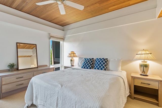 carpeted bedroom featuring ceiling fan and wood ceiling