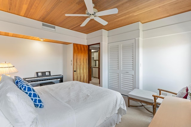 4000 Wailea Alanui Dr Unit 1904, Kihei, HI 96753 - carpeted bedroom featuring wooden ceiling, a closet, a ceiling fan, and visible vents