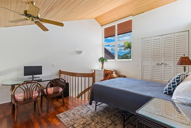 bedroom with wood ceiling, dark hardwood / wood-style flooring, a closet, ceiling fan, and lofted ceiling