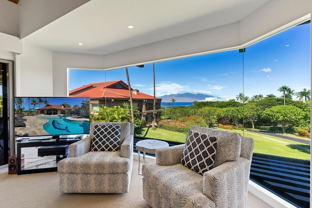 4000 Wailea Alanui Dr Unit 1904, Kihei, HI 96753 - sitting room with recessed lighting, a mountain view, and carpet floors