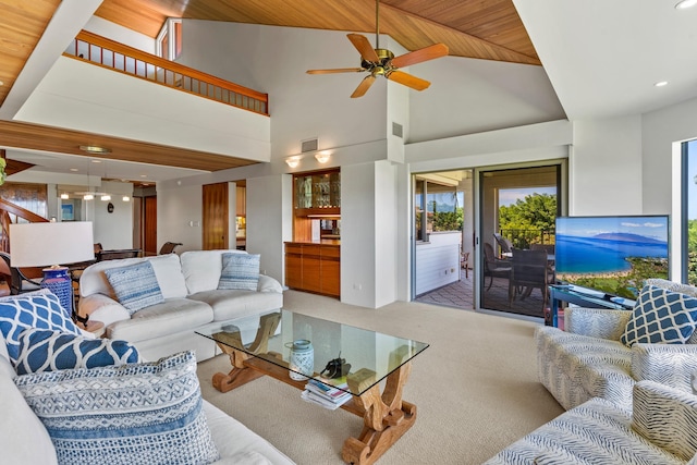 living room with carpet, wood ceiling, high vaulted ceiling, and ceiling fan