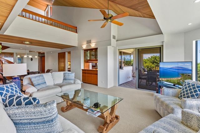 4000 Wailea Alanui Dr Unit 1904, Kihei, HI 96753 - carpeted living area featuring ceiling fan, high vaulted ceiling, visible vents, and recessed lighting