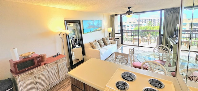 2191 S Kihei Rd Unit 3308, Kihei, HI 96753 - living area with expansive windows, light wood-style flooring, a textured ceiling, and ceiling fan