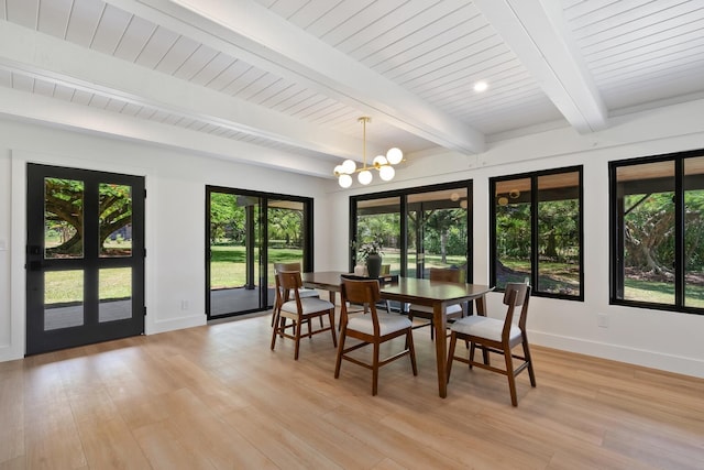 965 Hog Back Rd Unit 1, Haiku, HI 96708 - dining room with light wood-style floors, a chandelier, and a wood ceiling with exposed beams