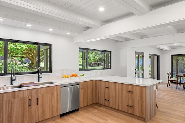 965 Hog Back Rd Unit 1, Haiku, HI 96708 - kitchen with dishwasher, a peninsula, light countertops, decorative backsplash, and light wood-style floors