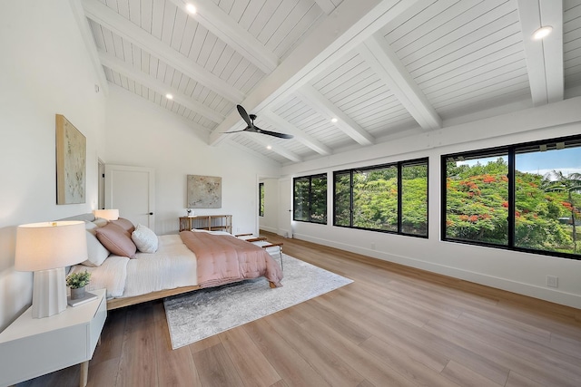965 Hog Back Rd Unit 1, Haiku, HI 96708 - bedroom featuring wood finished floors, a wood ceiling with exposed beams, a ceiling fan, and high vaulted ceiling