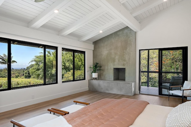 965 Hog Back Rd Unit 1, Haiku, HI 96708 - bedroom with wood finished floors, a towering ceiling, and a wood ceiling with exposed beams