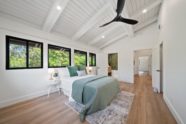 965 Hog Back Rd Unit 1, Haiku, HI 96708 - bedroom featuring high vaulted ceiling, light wood-style flooring, a wood ceiling with exposed beams, ensuite bathroom, and a ceiling fan