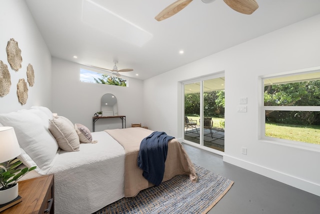 965 Hog Back Rd Unit 1, Haiku, HI 96708 - bedroom with access to outside, finished concrete floors, a ceiling fan, and recessed lighting